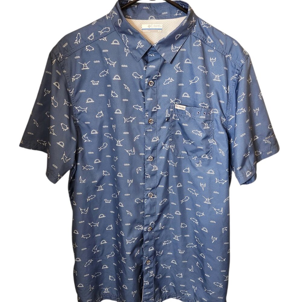 Columbia PFG Fishing Shirt Mens Medium Blue White Omni Shade Short Sleeve Vented